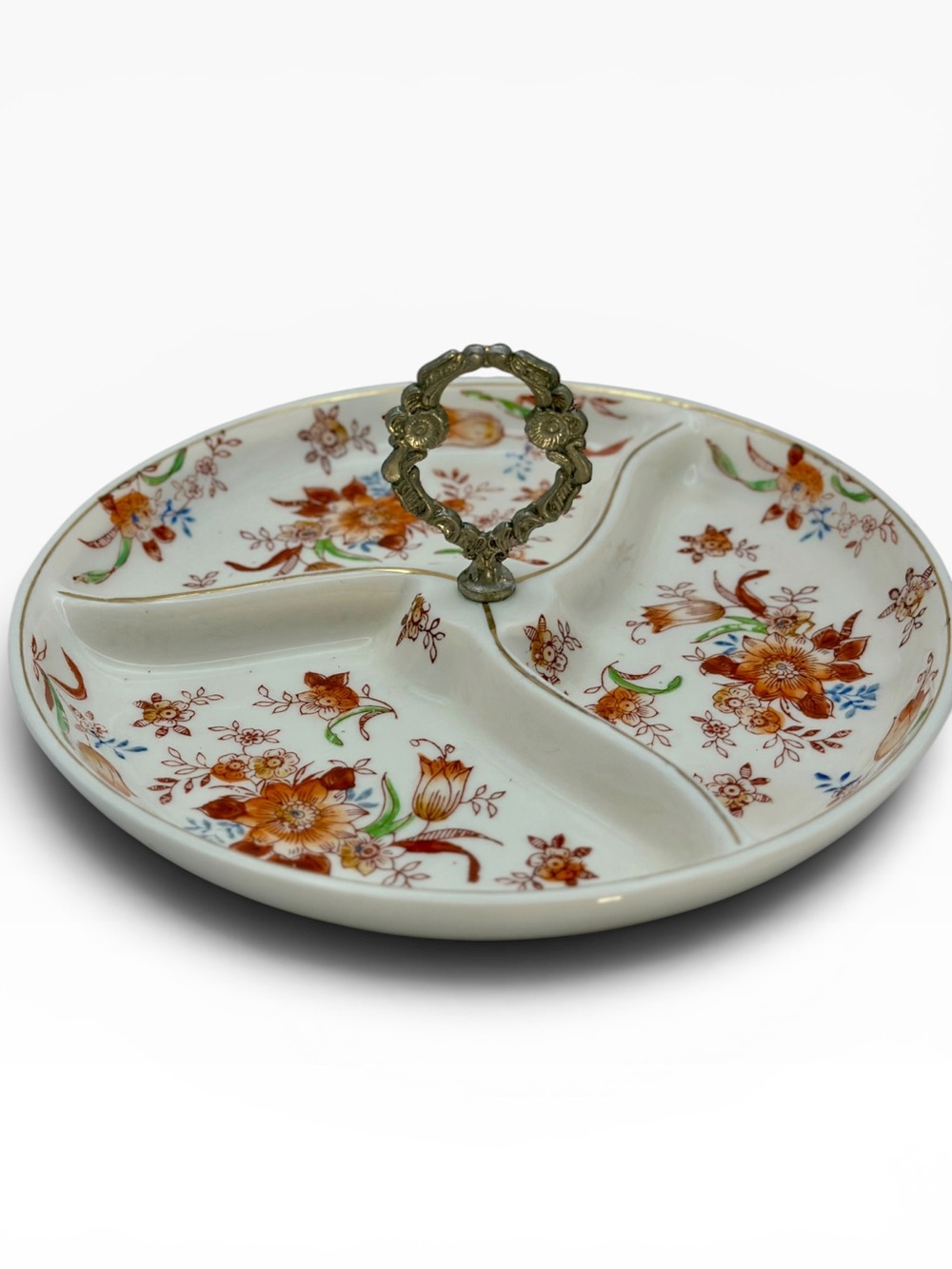 Vintage Japanese Floral Ceramic 3-Section Serving or Vanity Tray w Ornate Handle